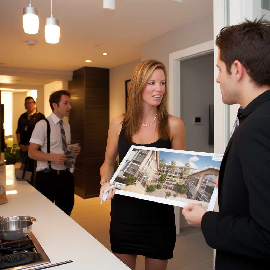 A real estate open house in Ontario. Buyers and sellers are interacting with each other and with the real estate agent. The atmosphere is excited and hopeful, but there is also a sense of uncertainty due to the cooling real estate market.